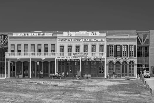 Sacramento, USA -June 4, 2022: Front view of an 1800s and early 20th century hardware store in Old Sacramento. The store is a depiction of an early hardware store but the building is original.