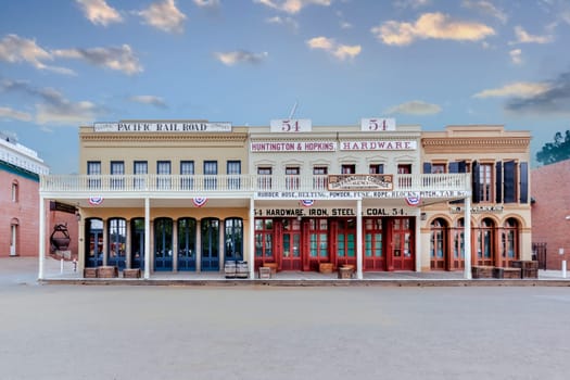 Sacramento, USA - June 4, 2022: Street of the Old Town Sacramento with historic houses.