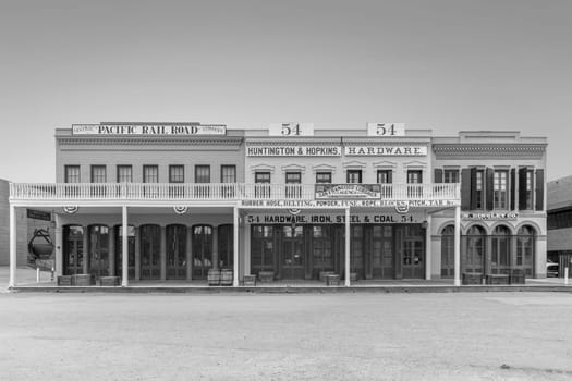 Sacramento, USA -June 4, 2022: Front view of an 1800s and early 20th century hardware store in Old Sacramento. The store is a depiction of an early hardware store but the building is original.