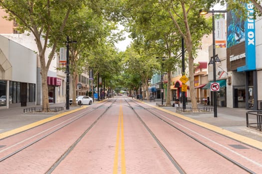 Sacramento, USA - June 4, 2022: pedestrian zone in downtown Sacramento without people.
