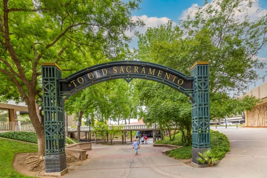 Sacramento, USA - June 4, 2022: historic gate to old Sacramento town in Sacramento.
