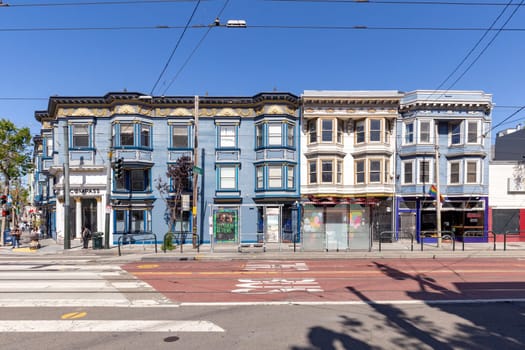 San Francisco, USA - June 6, 2022: view to historic high rise buildings downtown San Francisco in the church street.