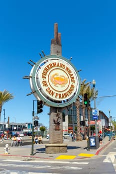 San Francisco, USA - June 6, 2022: Fisherman's Wharf Sign at Jefferson and Taylor. Fisherman's Wharf is a major tourist attraction in San Francisco..