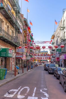 San Francisco, USA - June 6, 2022: view to streets and buildings in Chinatown, California street. San Francisco Chinatown is the largest Chinatown outside of Asia and the oldest Chinatown in the US.