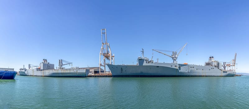 San Francisco, USA - June 6, 2022: Military freighter MS Capella and Algol at the quay ready for loading  in San Francisco, California.