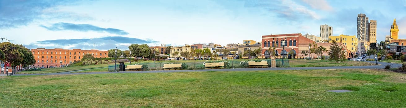 San Francisco, USA -June 5, 2022: scenic San Francisco Maritime national historical  park in San Francisco with green meadow open to public, USA.