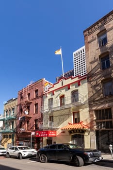 San Francisco, USA - June 6, 2022: view to streets and buildings in Chinatown, California street. San Francisco Chinatown is the largest Chinatown outside of Asia and the oldest Chinatown in the US.