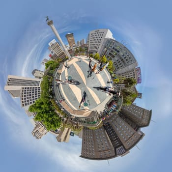 San Francisco, June 7, 2022: people enjoy sitting at  Union Square in the heart of San Francisco, USA with perspective in little planet style.