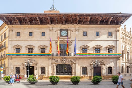 Palma, Spain - June 22, 2022: facade of palace of Justice in old town of Palma in panoramic view.
