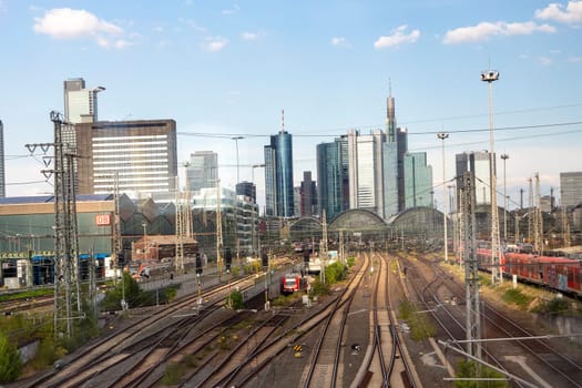 Frankfurt, Germany - August 25, 2022: view to skyline of Frankfurt with Frankfurt central train station.