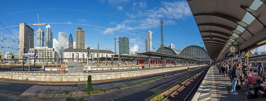 Frankfurt, Germany - November 5, 2022: panoramic skyline view of Frankfurt with train station.