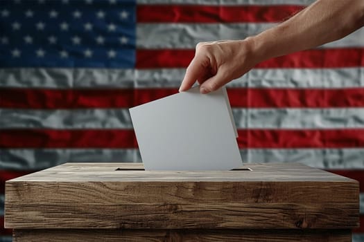 A hand is shown placing a ballot into a wooden box with the American flag in the backdrop, symbolizing democratic participation. Copy space.voting awareness campaigns