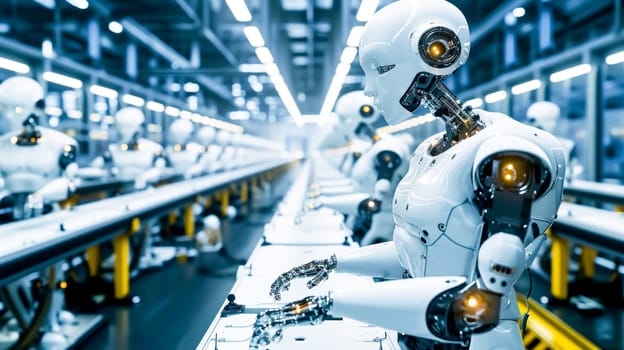 Assembly Line Automation.White robots lined up on a production line, industrial setting,