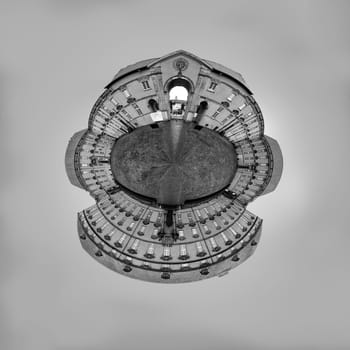 Osnabrueck, Germany - February 18, 2023: view in tiny planet style to scenic castle in Osnabrueck, Germany in black and white.