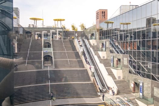 Kyoto, Japan - March 25, 2023: View of Kyoto railway station from the Grand Stairway or Daikaidan. Kyoto. Japan