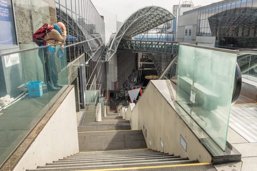 Kyoto, Japan - March 25, 2023: View of Kyoto railway station from the Grand Stairway or Daikaidan. Kyoto. Japan
