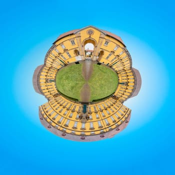 Osnabrueck, Germany - February 18, 2023: view in tiny planet style to scenic castle in Osnabrueck, Germany  under blue sky.