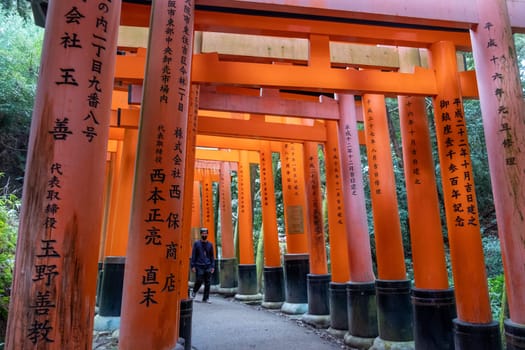 Kyoto, Japan - SMarch 24, 2023: Columns at the iconic Fushimi Inari Shrine