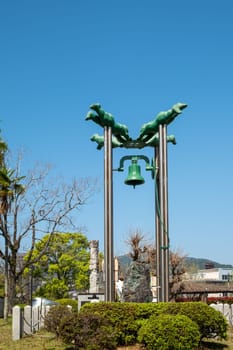 Nagasaki, Japan - April 1, 2023: Peace Bell in Nagasaki,Bell of Nagasaki is memorial to the bombing that was at 11:02 . The bell rings at that time to remind the tragedy.