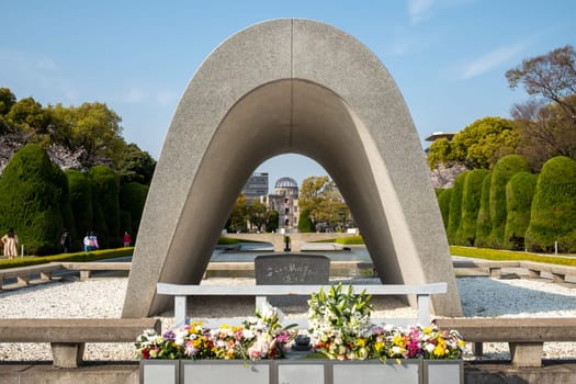 Hiroshima, Japan - March 29, 2023:  Cenotaph for the A-Bomb Victims, Hiroshima Peace Memorial Park, Hiroshima, Western Honshu, Japan, Asia