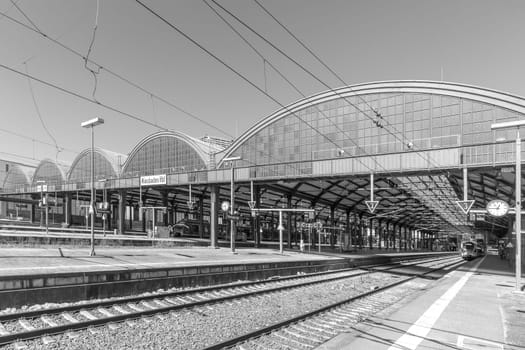 Wiesbaden, Germany - April 4, 2023:  view to the neoclassical train station in Wiesbaden, the smaller copy of Frankfurt Train station.