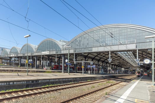 Wiesbaden, Germany - April 4, 2023:  view to the neoclassical train station in Wiesbaden, the smaller copy of Frankfurt Train station.