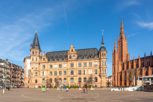 Wiesbaden, Germany - February 21, 2023:Marktkirche - market church and old town hall at Dernsches square in Wiesbaden.