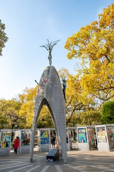 Hiroshima, Japan - March 29, 2023:  Children's Peace Monument is an attraction point for tourists in Japan and Japanese people in the atom bomb memorial park.Asia
