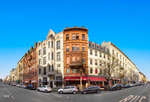 Wiesbaden, Germany - March 25, 2023: view to historic Taunusstrasse - engl Taunus street in Wiesbaden. The houses are all built in the 19th century and all are well restored.