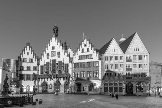 Frankfurt, Germany - February 28, 2023: scenic morning view to town hall at Roemer square in Frankfurt, Germany.