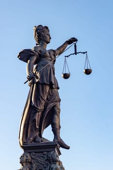 Frankfurt, Germany - February 28, 2023: Statue of Lady Justice (Justitia) in Frankfurt, Germany