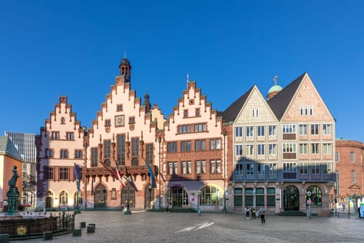 Frankfurt, Germany - February 28, 2023: scenic morning view to town hall at Roemer square in Frankfurt, Germany.