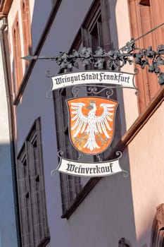 Frankfurt, Germany - February 28, 2023: coat of arms of the winery in Frankfurt, Germany. Weingut Frankfurt, Weinverkauf in engl: Winery Frankfurt, selling Wine.