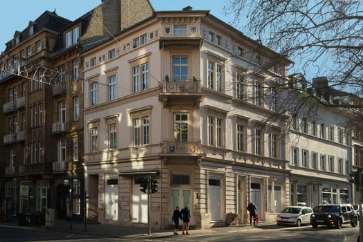 Wiesbaden, Germany - February 28, 2023: old historic facade at the corner Taunusstrasse, Roeder Weg in Wiesbaden in beautiful light.