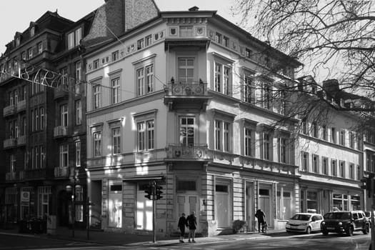 Wiesbaden, Germany - February 28, 2023: old historic facade at the corner Taunusstrasse, Roeder Weg in Wiesbaden in beautiful light.