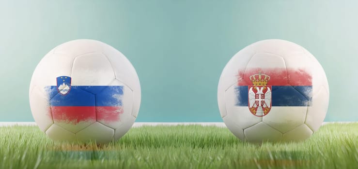 Slovenia vs Serbia football match infographic template for Euro 2024 matchday scoreline announcement. Two soccer balls with country flags placed against each other on the green grass with copy space