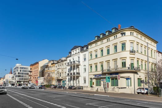 Wiesbaden, Germany - March 1, 2023: old historic facade of 19th century houses at the Wilhelm street in Wiesbaden.