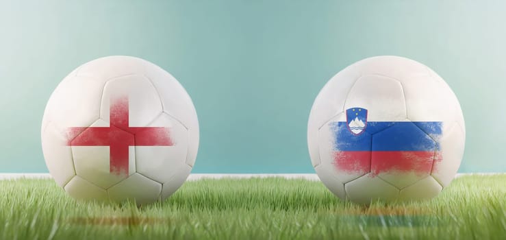 Denmark vs Serbia football match infographic template for Euro 2024 matchday scoreline announcement. Two soccer balls with country flags placed against each other on the green grass with copy space