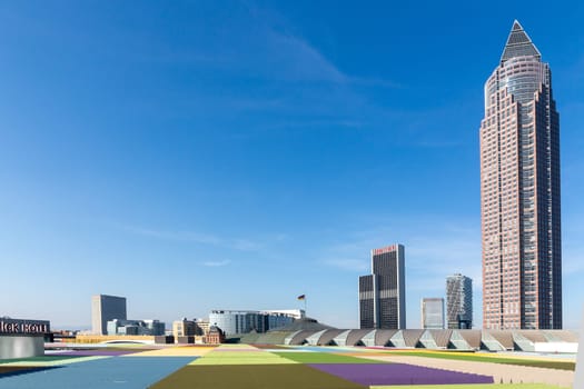Frankfurt, Germany - March 3, 2023: skyline of Frankfurt with its skyscraper seen from platform of skyline plaza.