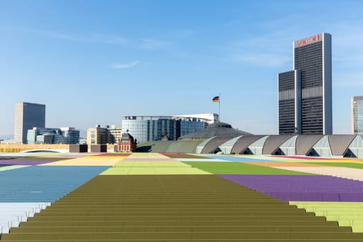 Frankfurt, Germany - March 3, 2023: skyline of Frankfurt with its skyscraper seen from platform of skyline plaza.
