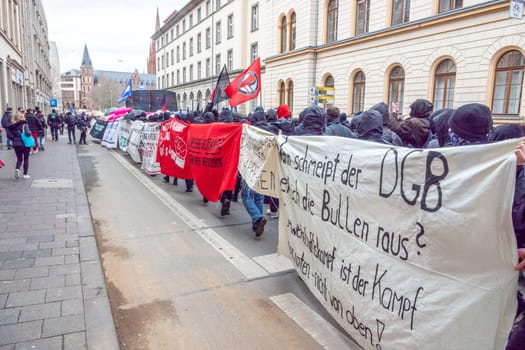 Wiesbaden, Germany - March 11, 2023: people demonstrate for change of the Versammlungsgesetz - eng. assembly law - in Wiesbaden, Germany. Politics will sharpen the law and protestants are against the sharpening.