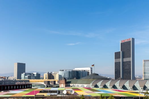 Frankfurt, Germany - March 3, 2023: skyline of Frankfurt with its skyscraper seen from platform of skyline plaza.