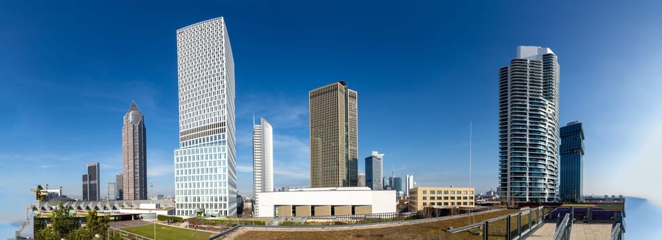 Frankfurt, Germany - March 3, 2023: skyline of Frankfurt with its skyscraper seen from platform of skyline plaza.