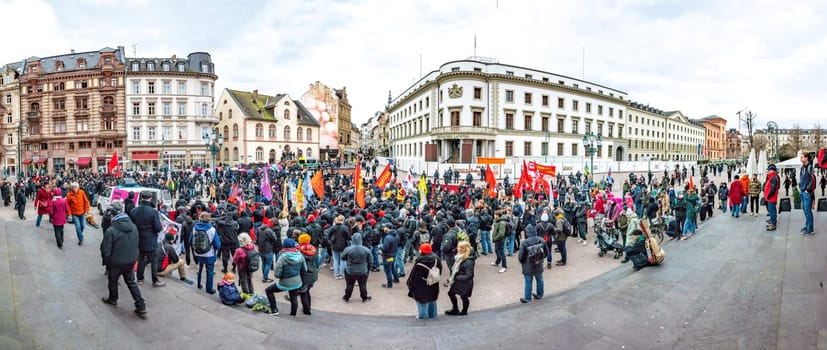 Wiesbaden, Germany - March 11, 2023: people demonstrate for change of the Versammlungsgesetz - eng. assembly law - in Wiesbaden, Germany. Politics will sharpen the law and protestants are against the sharpening.