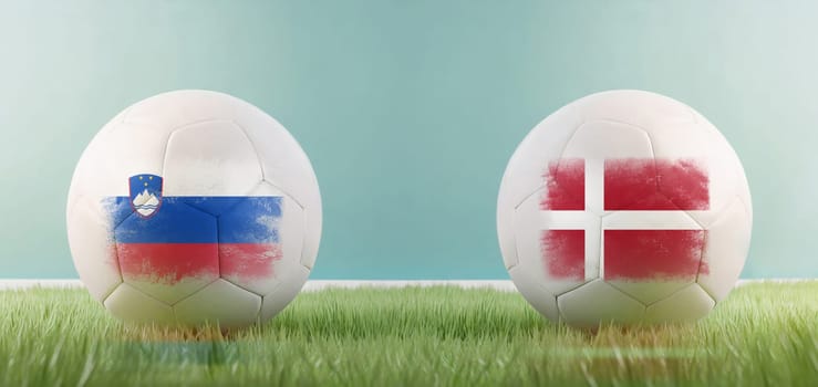 Slovenia vs Denmark football match infographic template for Euro 2024 matchday scoreline announcement. Two soccer balls with country flags placed against each other on the green grass with copy space