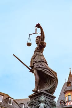 Frankfurt, Germany - March 21, 2023: lady justice as symbol of equal right at the roemer in Frankfurt, Germany