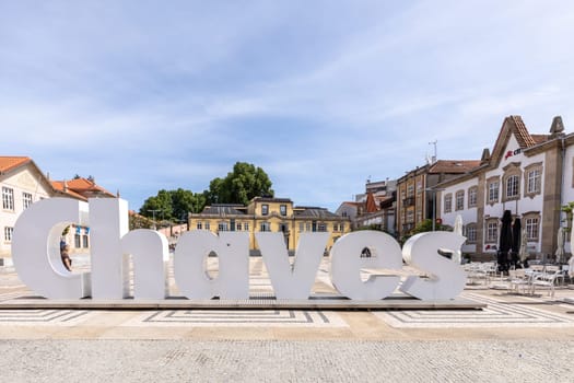 Chaves, Portugal - May 2, 2023: Chaves sign in the old town of Chaves, Portugal.