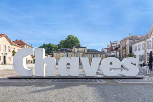 Chaves, Portugal - May 2, 2023: Chaves sign in the old town of Chaves, Portugal.