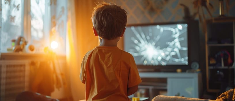 A young child stands captivated by a television displaying a realistic broken screen effect. The room's warm ambiance contrasts with the cold illusion of shattered glass