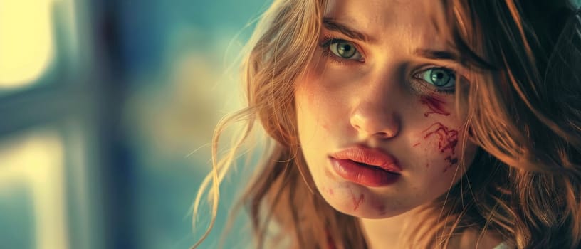 A young woman with tousled hair and piercing green eyes gazes directly at the viewer. Her face is marred with smudges of blood, suggesting a narrative of struggle or injury